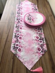 PEMBE ÇİÇEK DESENLİ RUNNER & DESENLİ SUPLA