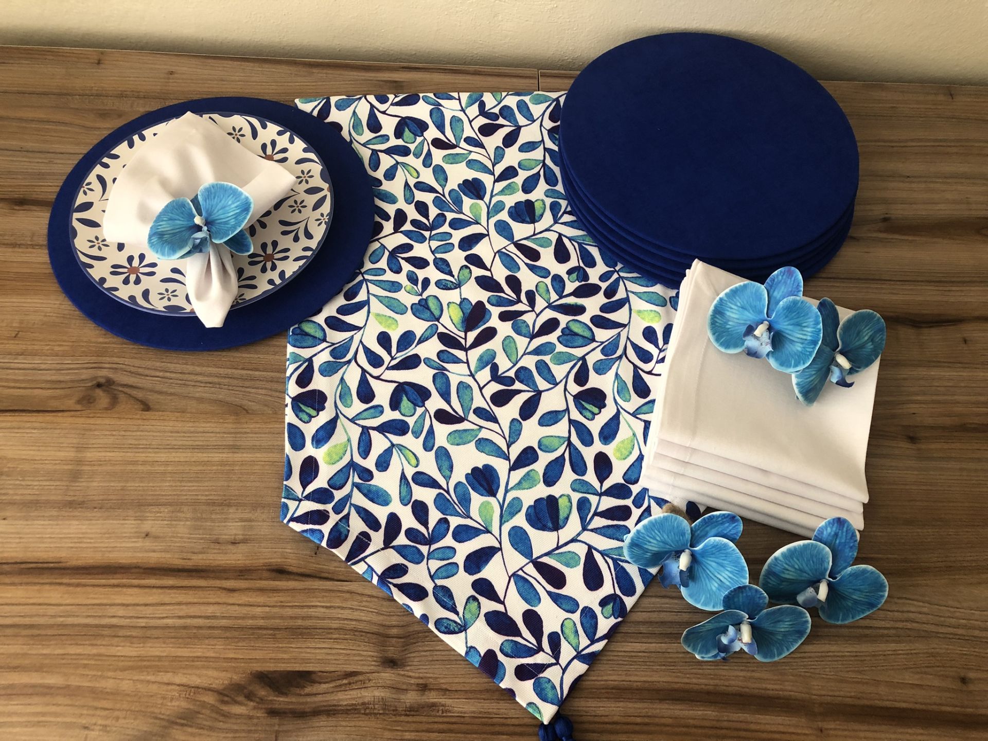 SOFRA SUNUM SETİ MAVİ YAPRAKLAR DESENLİ