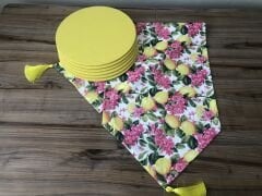 FUŞYA  ÇİÇEKLER ARASINDA LİMON DESENLİ RUNNER & SUPLA