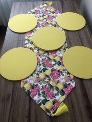 FUŞYA  ÇİÇEKLER ARASINDA LİMON DESENLİ RUNNER & SUPLA