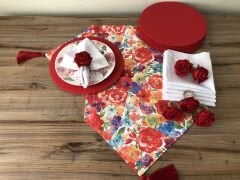 SOFRA SUNUM SETİ KIRMIZI MAVİ SARI ÇİÇEK DESENLİ TAKIM